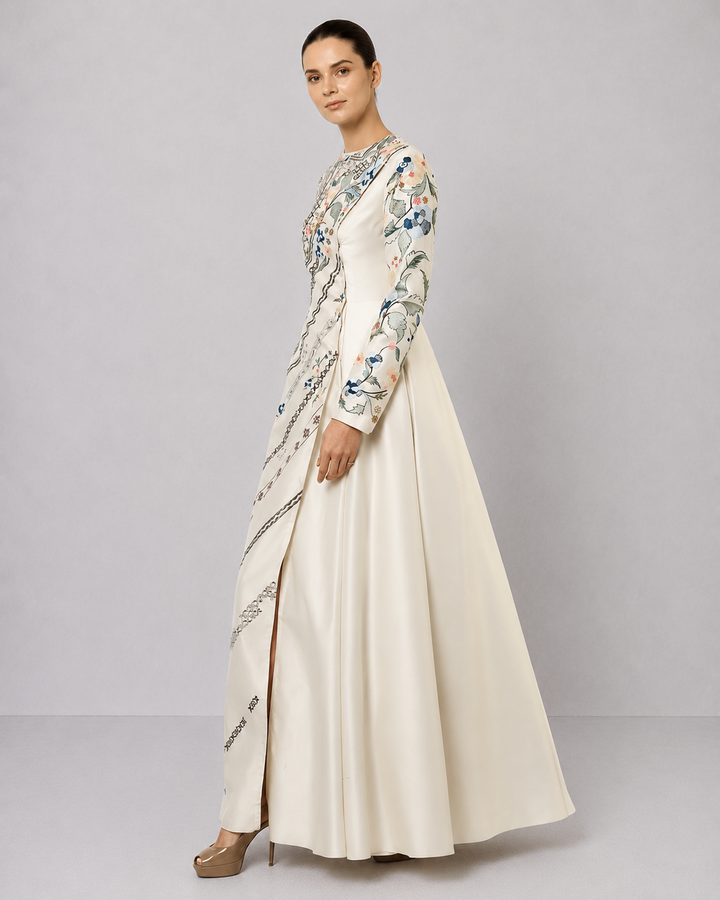 Ivory Embroidered Panel Gown With Asymmetrical Drape Detailing.
