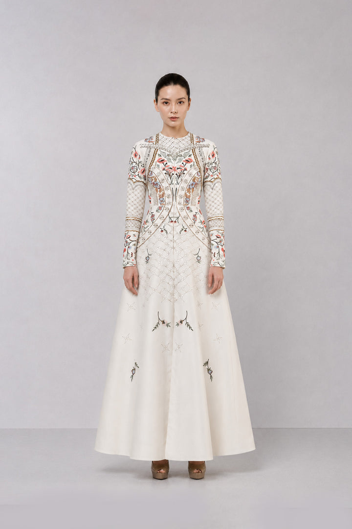 Ivory Embroidered Gown With Architectural Paneling And Intricate Floral Motifs.