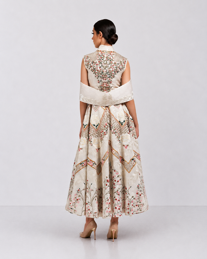 Ivory embroidered dress with sculpted cape collar and botanical motifs.