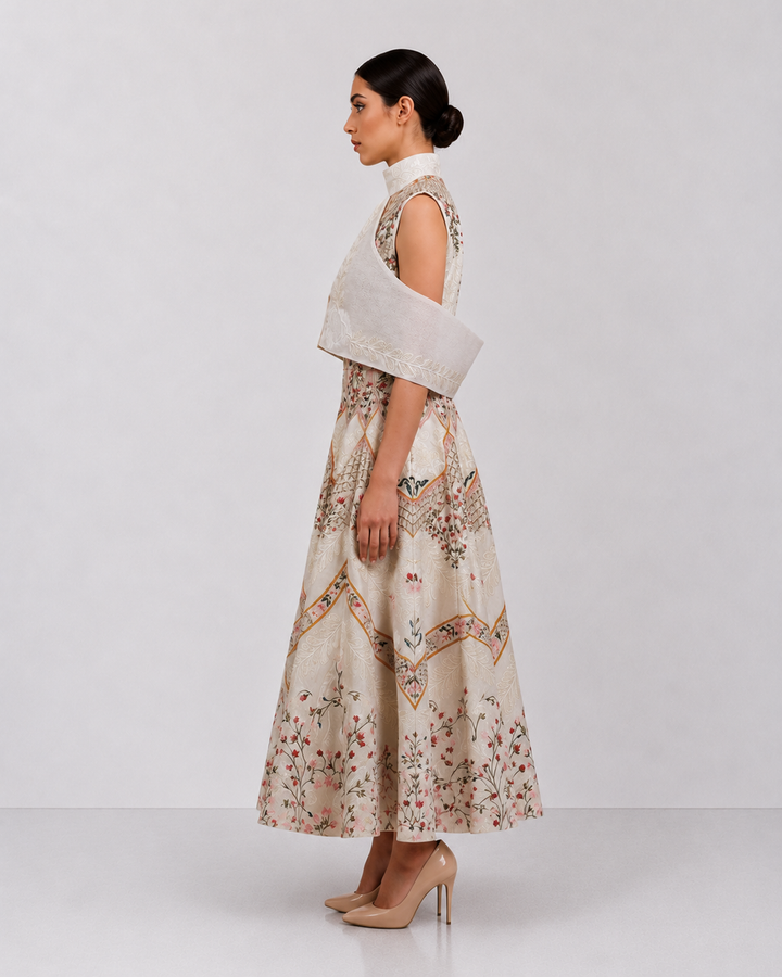 Ivory embroidered dress with sculpted cape collar and botanical motifs.