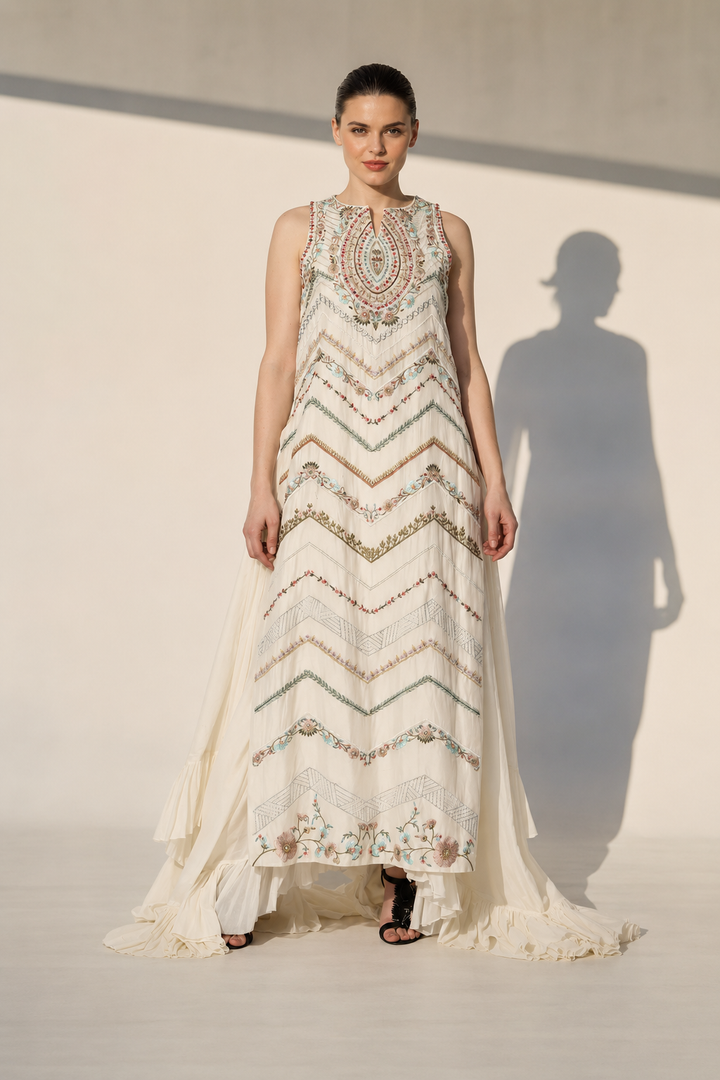 Ivory Embellished Gown With Geometric Embroidery And Flowing Cape Drape.
