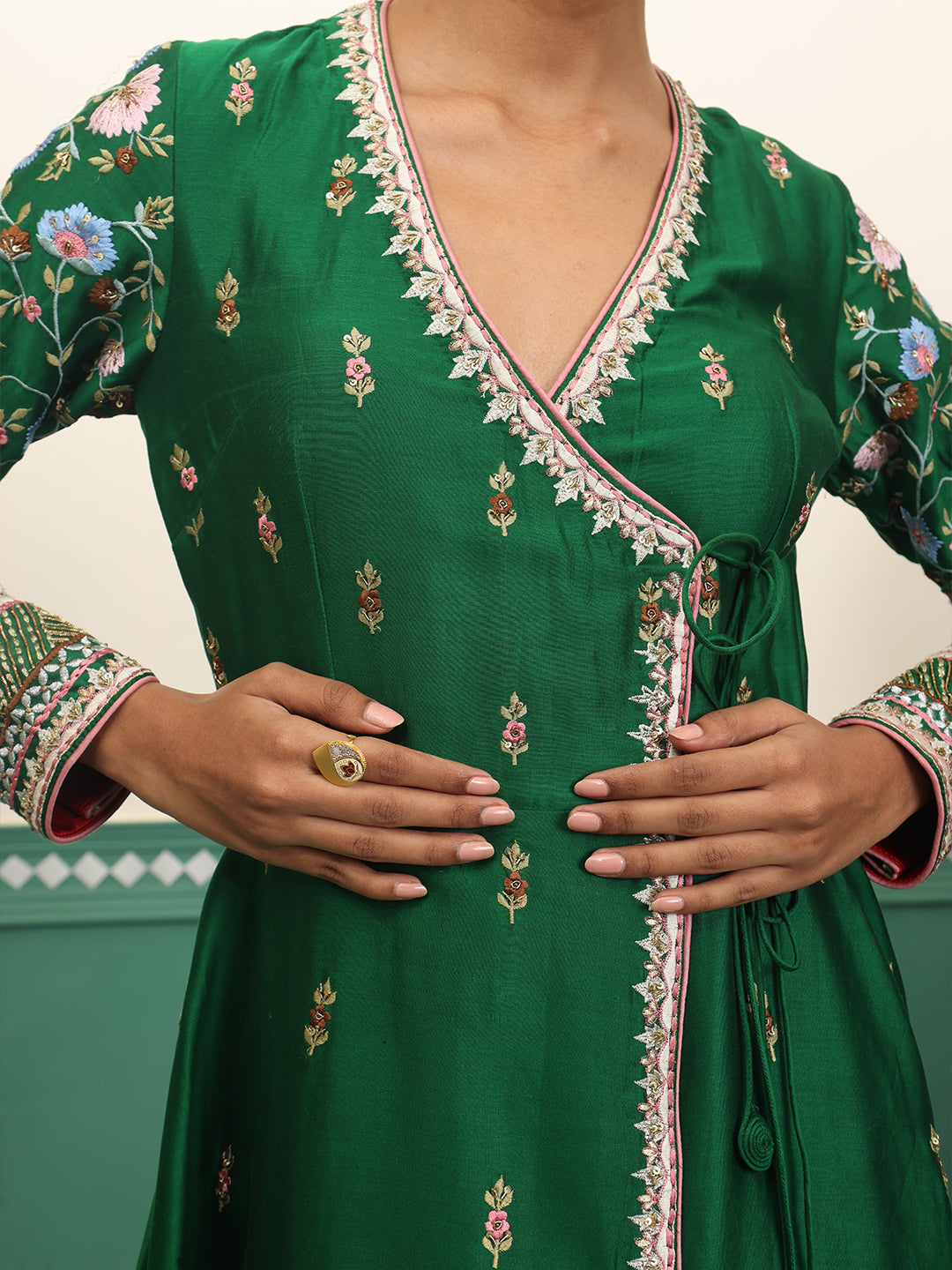 Chanderi silk angrakha set featuring zardozi embroidery