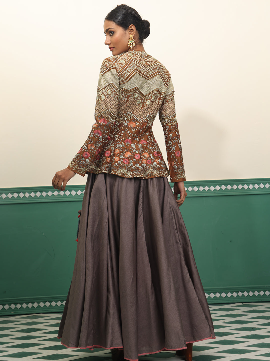 Chanderi silk peplum top with skirt