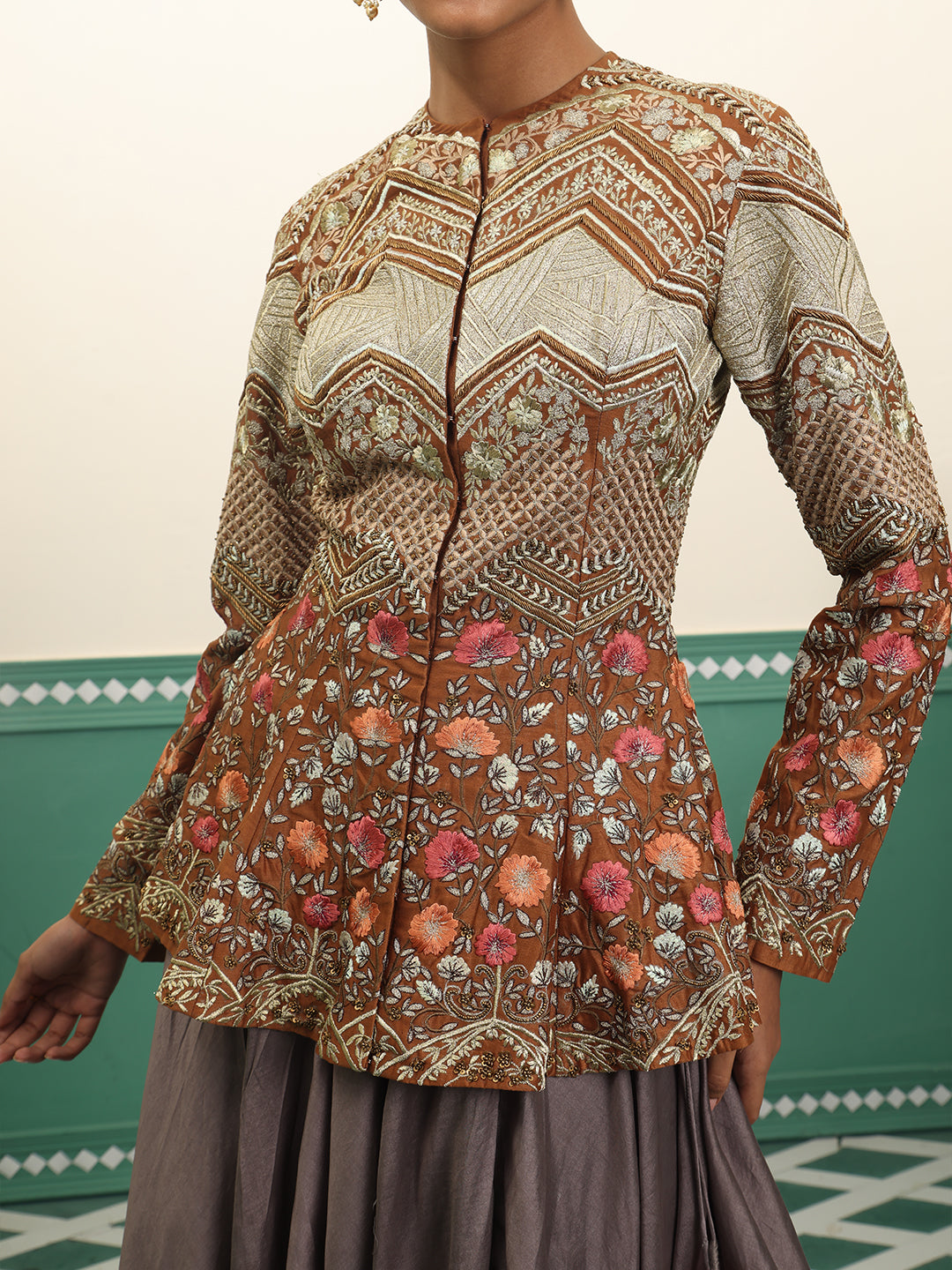 Chanderi silk peplum top with skirt