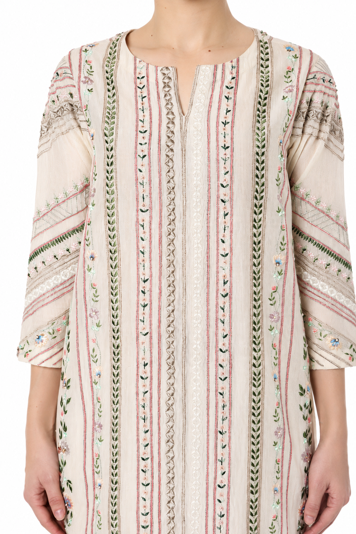 Ivory Embroidered Kurta Set With Floral Panel Detailing And Contrast-Edged Dupatta.
