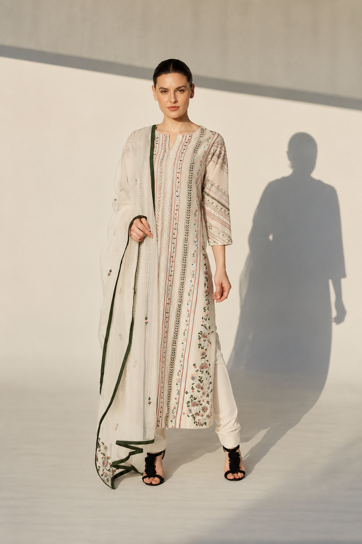Ivory Embroidered Kurta Set With Floral Panel Detailing And Contrast-Edged Dupatta.