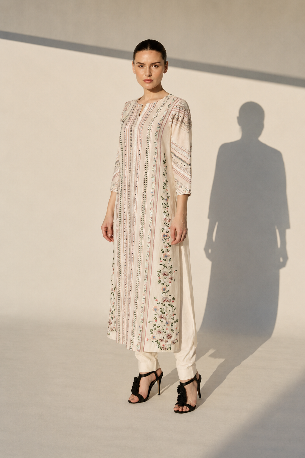 Ivory Embroidered Kurta Set With Floral Panel Detailing And Contrast-Edged Dupatta.
