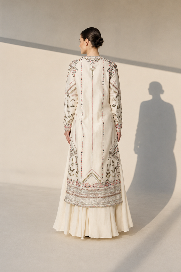 Ivory Embroidered Kurta Set With Intricate Embellishments , Full Sleeves And Ethereal Organza Dupatta.