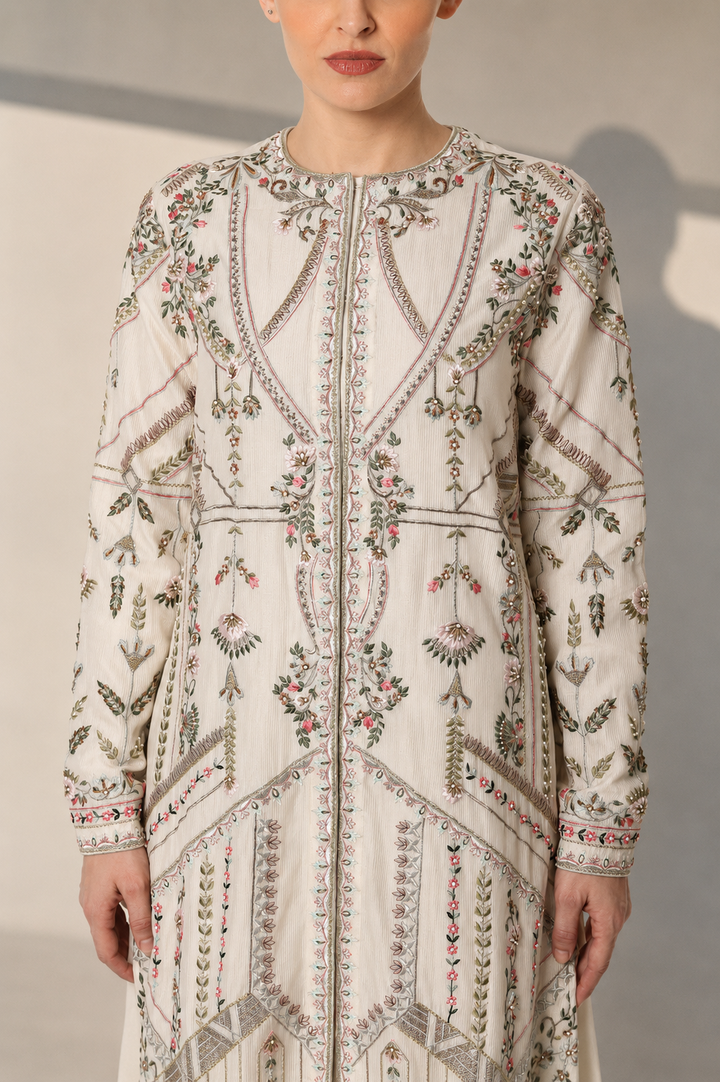 Ivory Embroidered Kurta Set With Intricate Embellishments , Full Sleeves And Ethereal Organza Dupatta.