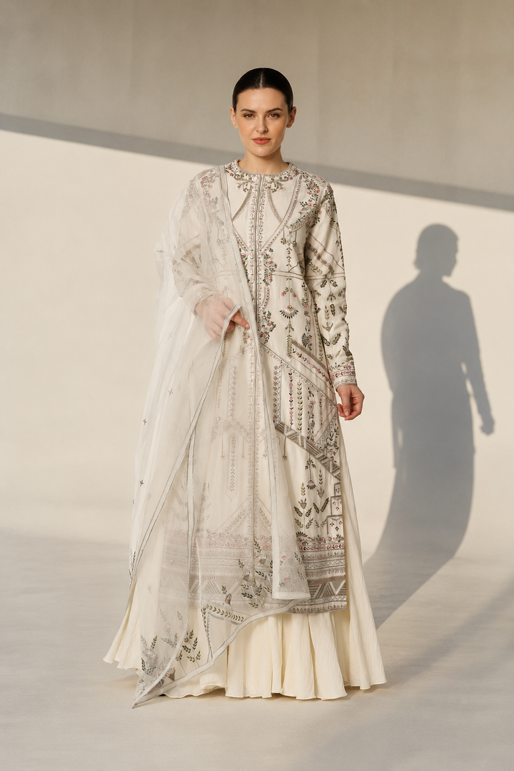 Ivory Embroidered Kurta Set With Intricate Embellishments , Full Sleeves And Ethereal Organza Dupatta.