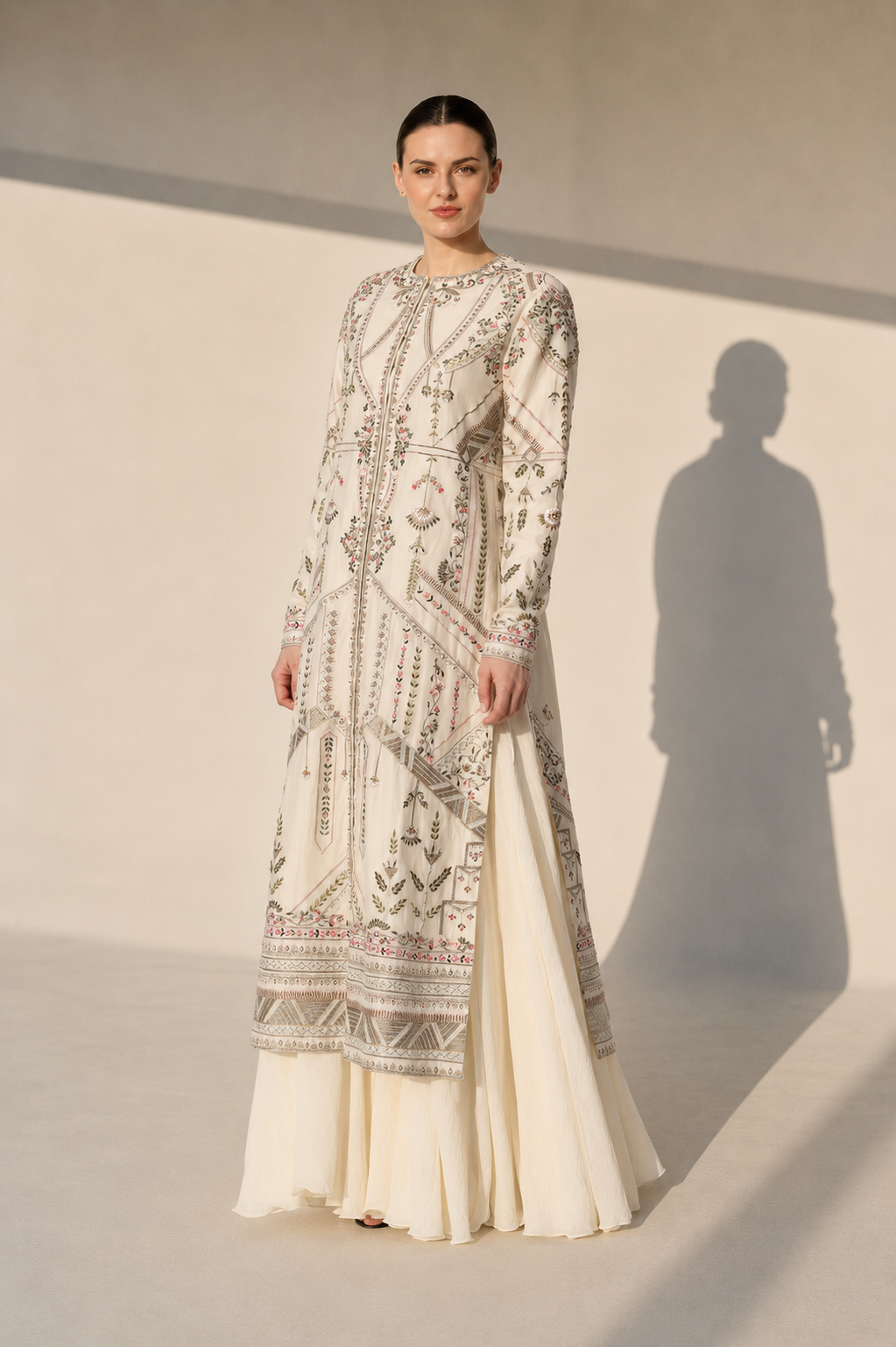 Ivory Embroidered Kurta Set With Intricate Embellishments , Full Sleeves And Ethereal Organza Dupatta.