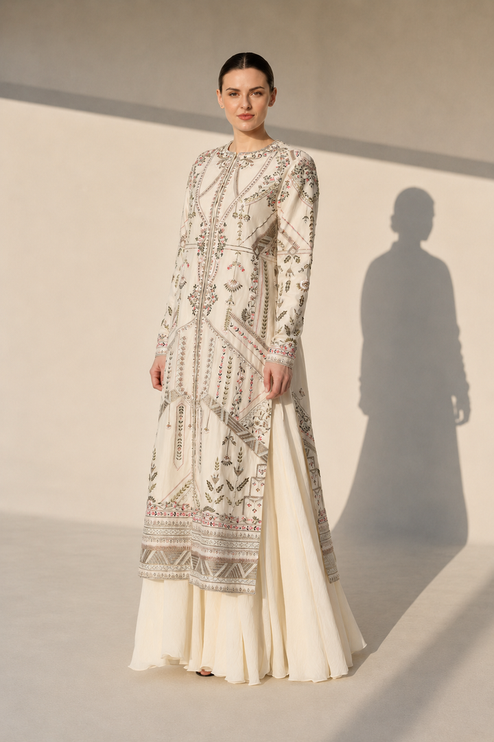 Ivory Embroidered Kurta Set With Intricate Embellishments , Full Sleeves And Ethereal Organza Dupatta.
