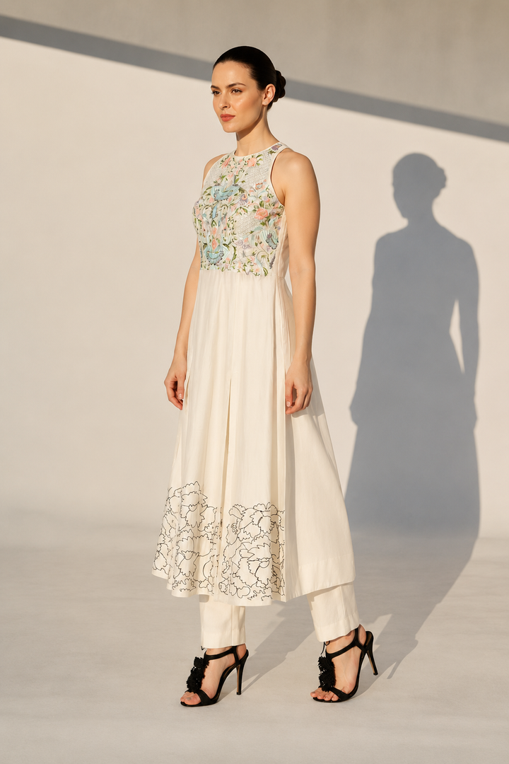 Embroidered Front Slit Kurta With Cigarette Pants
