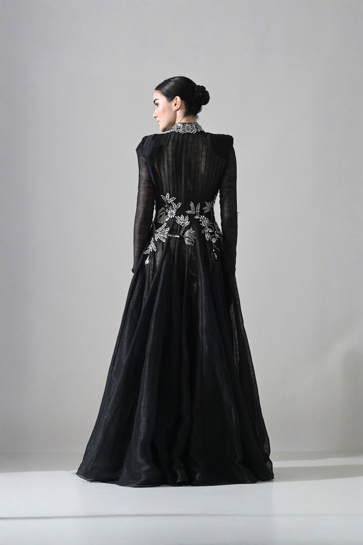 Black Silhouette Withsheer Layers And Silver Embroidery