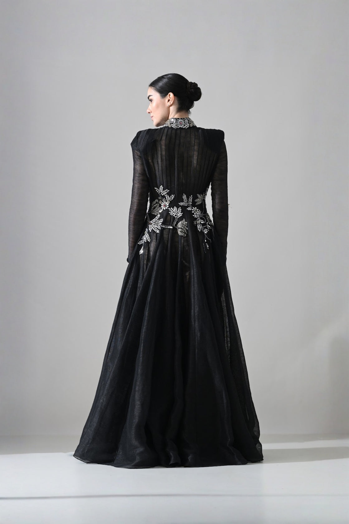 Black Silhouette Withsheer Layers And Silver Embroidery