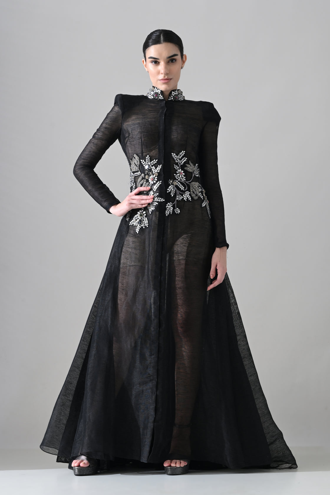 Black Silhouette withSheer Layers and Silver Embroidery