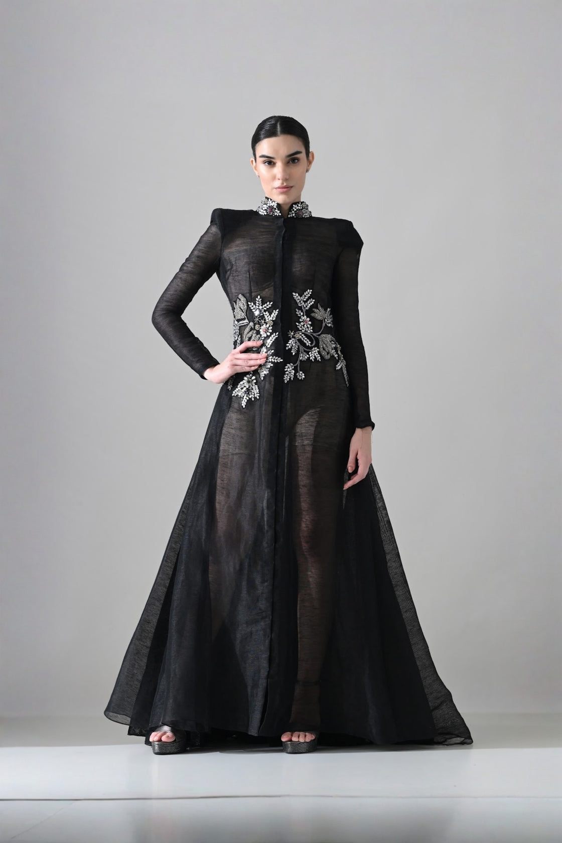 Black Silhouette Withsheer Layers And Silver Embroidery