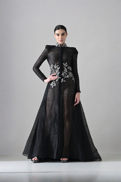 Black Silhouette Withsheer Layers And Silver Embroidery