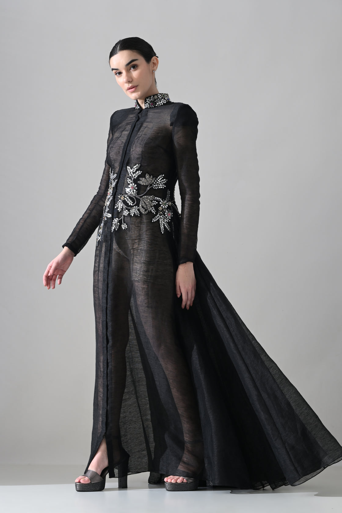 Black Silhouette withSheer Layers and Silver Embroidery