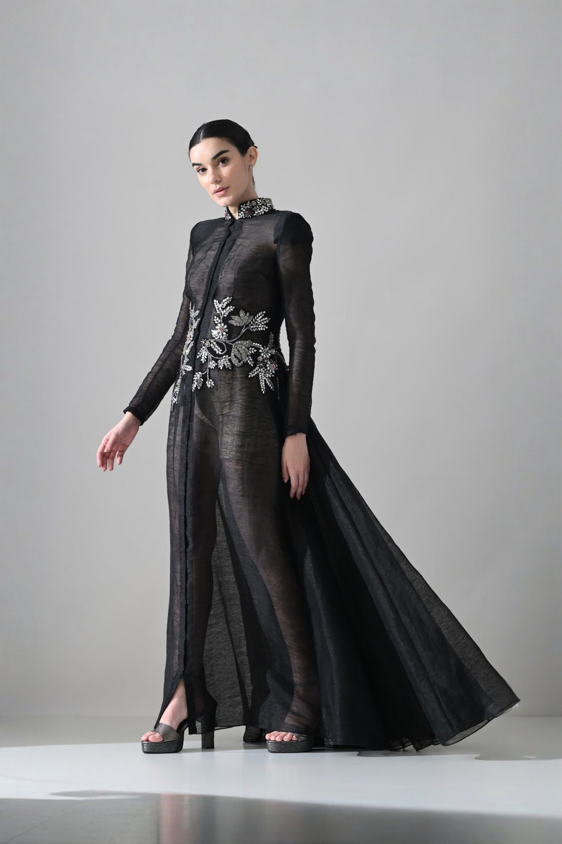 Black Silhouette Withsheer Layers And Silver Embroidery