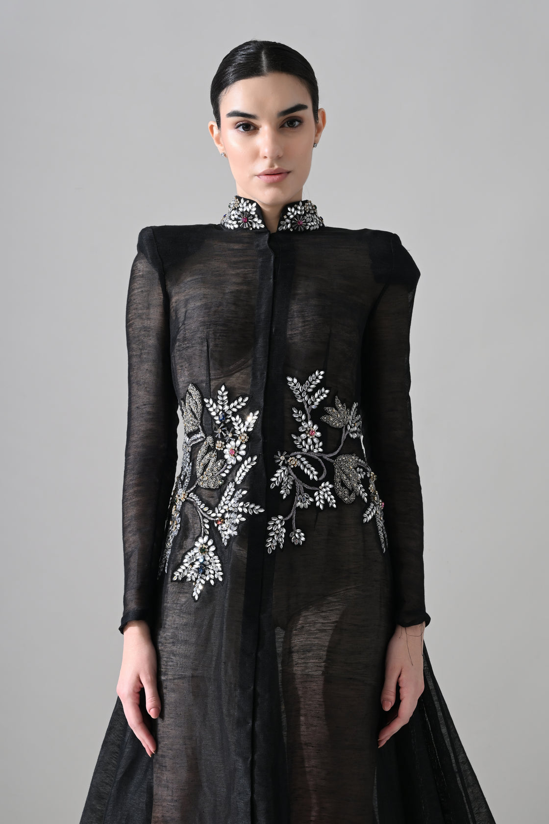 Black Silhouette withSheer Layers and Silver Embroidery