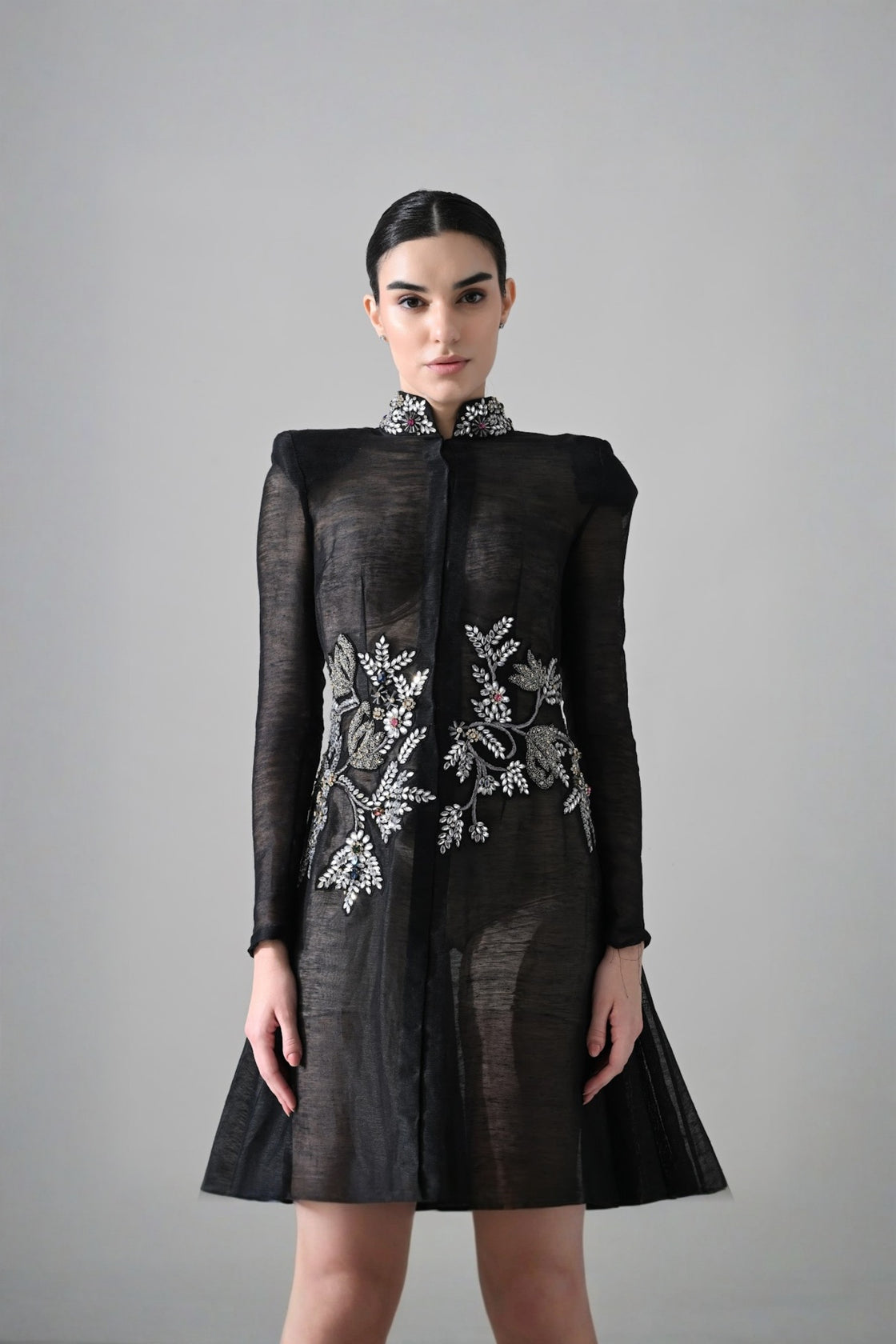 Black Silhouette Withsheer Layers And Silver Embroidery
