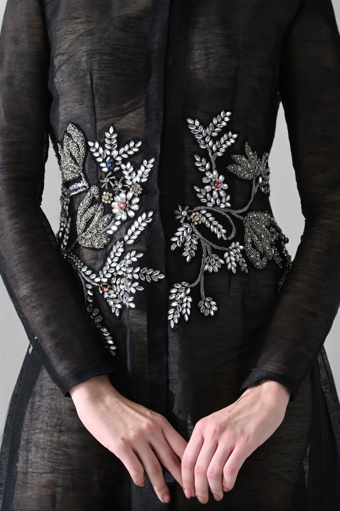 Black Silhouette Withsheer Layers And Silver Embroidery