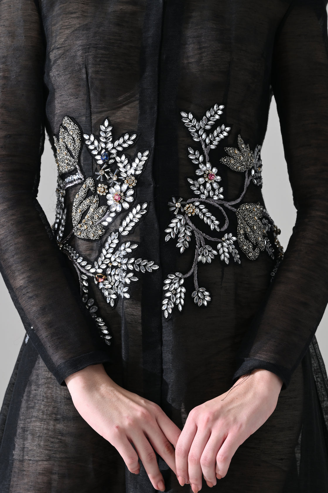 Black Silhouette withSheer Layers and Silver Embroidery