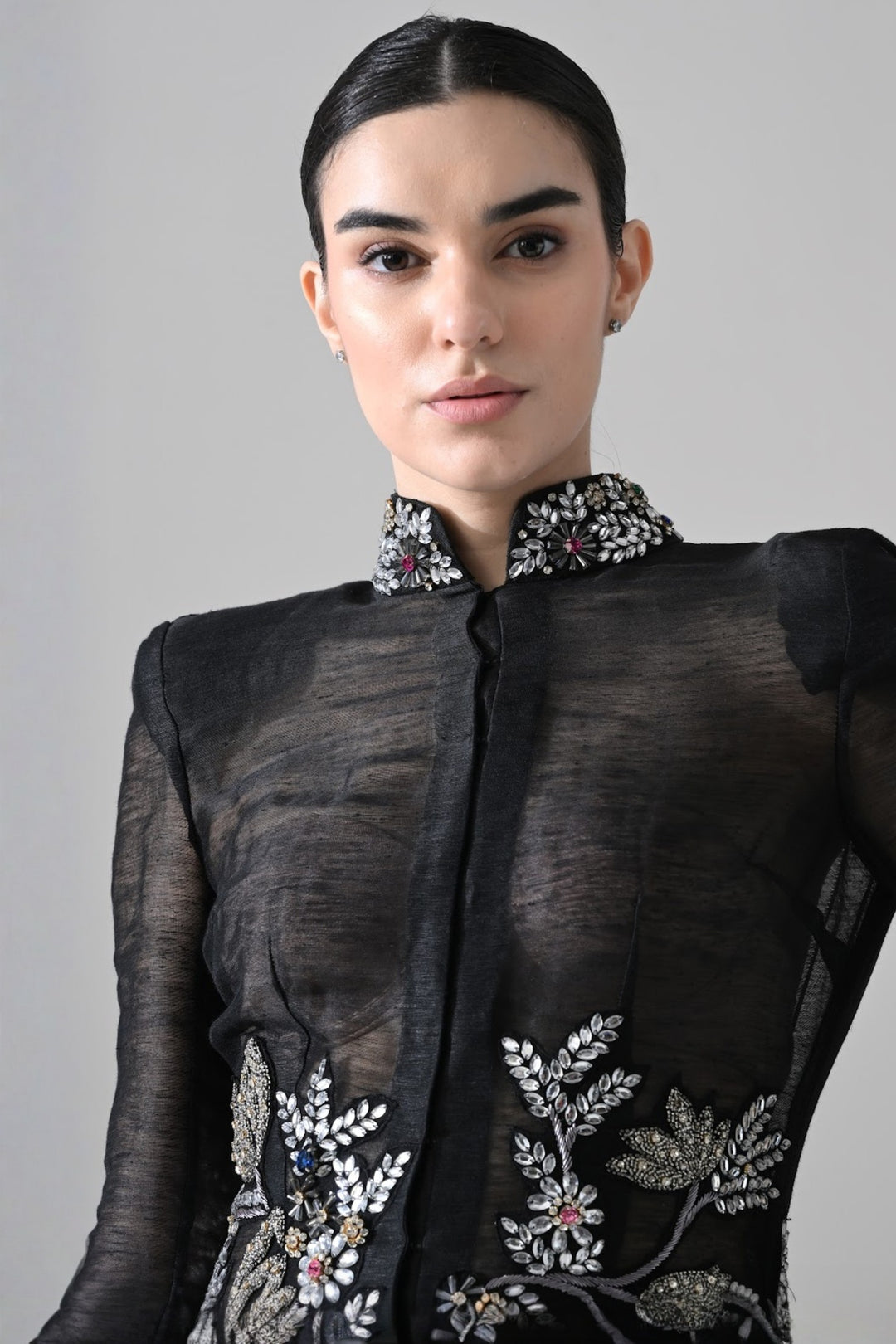 Black Silhouette Withsheer Layers And Silver Embroidery