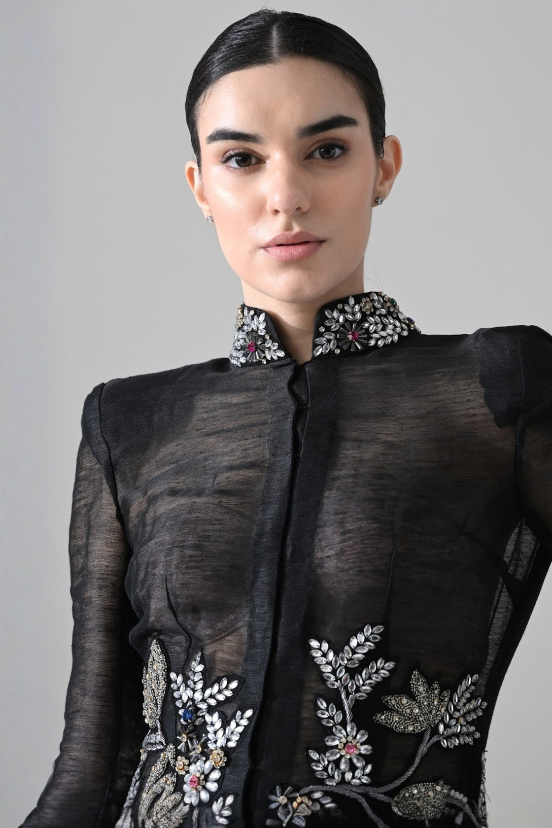 Black Silhouette Withsheer Layers And Silver Embroidery