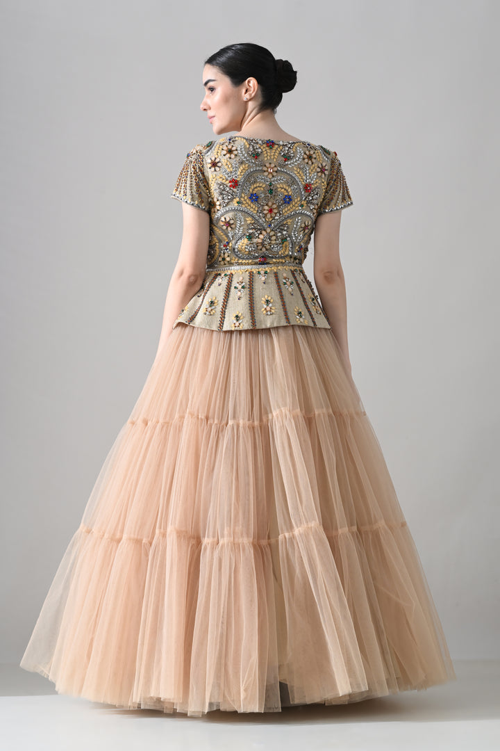 Beige Embroidered Pleated Peplum Top With Gathered Tulle Bottom