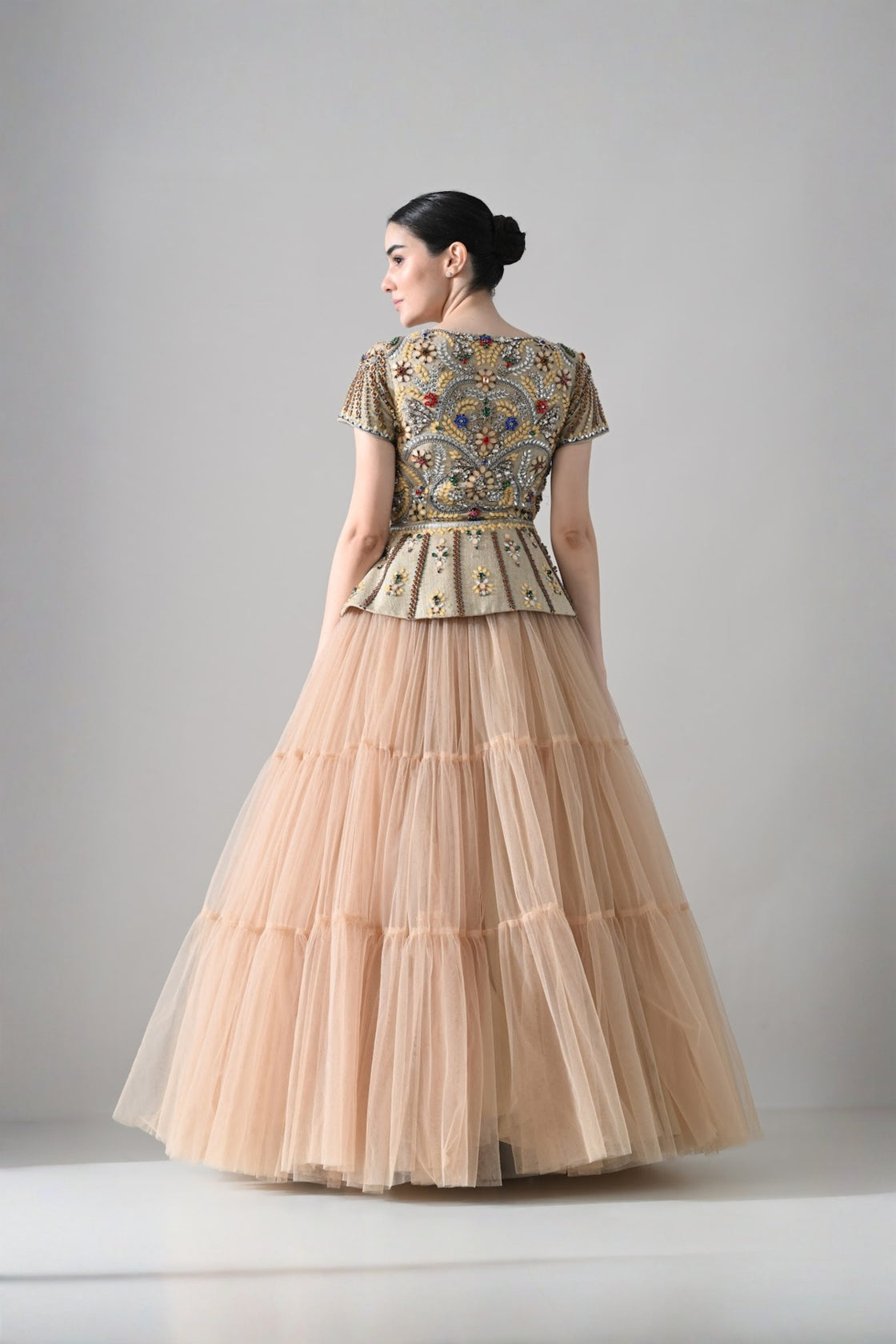 Beige Embroidered Pleated Peplum Top With Gathered Tulle Bottom