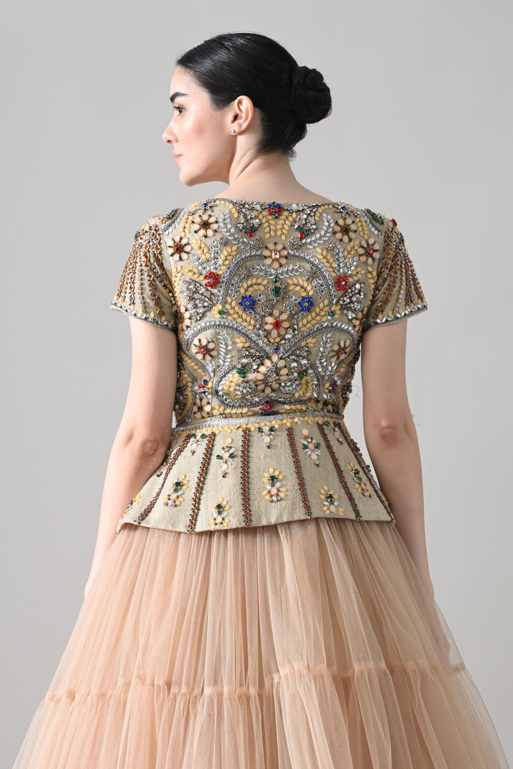 Beige Embroidered Pleated Peplum Top With Gathered Tulle Bottom