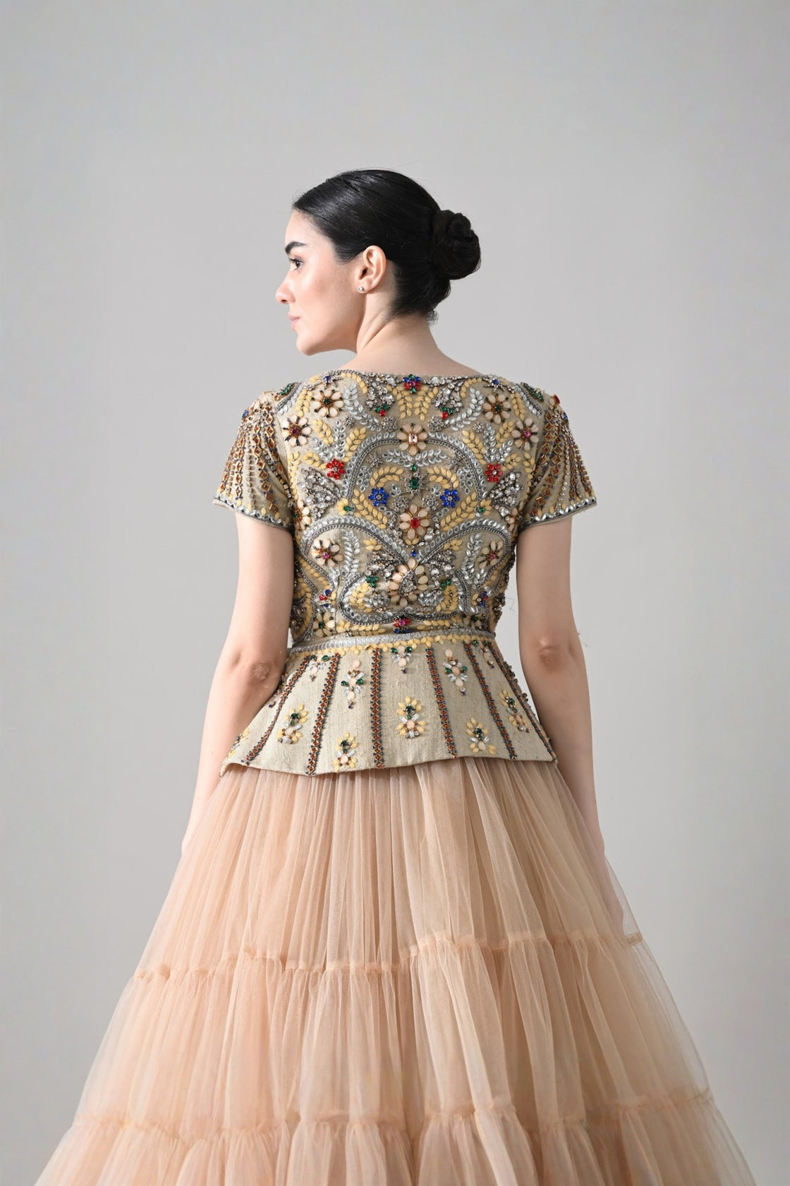 Beige Embroidered Pleated Peplum Top With Gathered Tulle Bottom