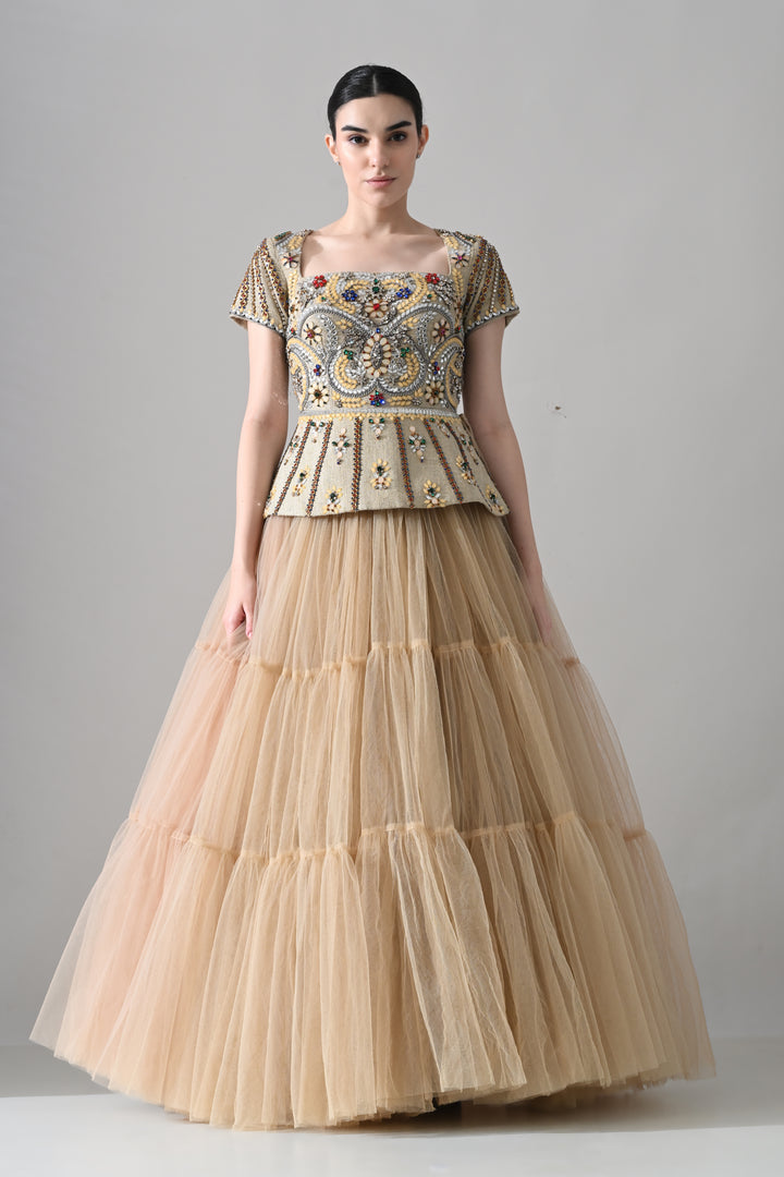 Beige Embroidered Pleated Peplum Top With Gathered Tulle Bottom