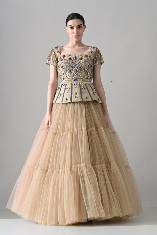 Beige Silhouette with Hand-Embroidered Motifs and Tulle Skirt