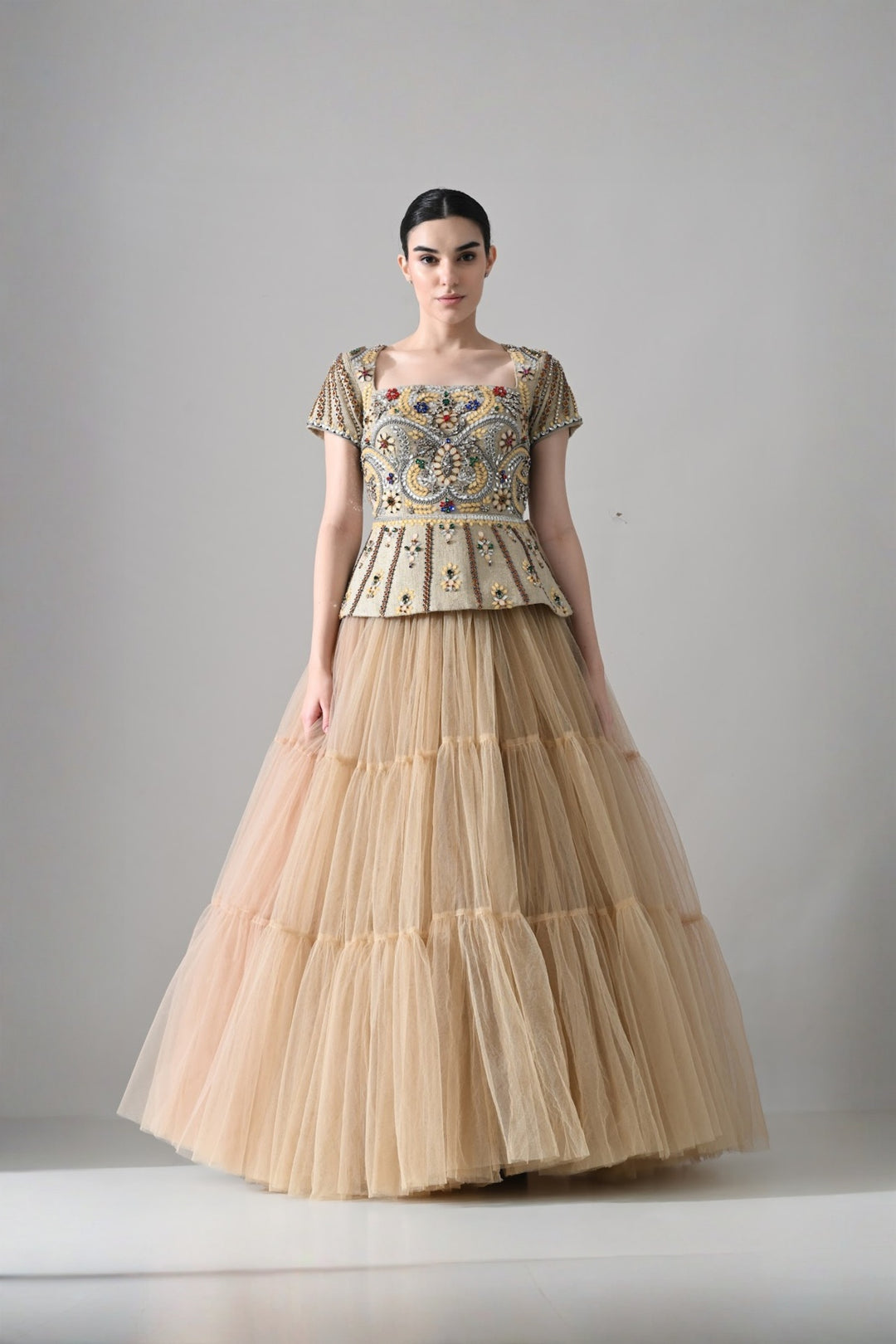 Beige Embroidered Pleated Peplum Top With Gathered Tulle Bottom