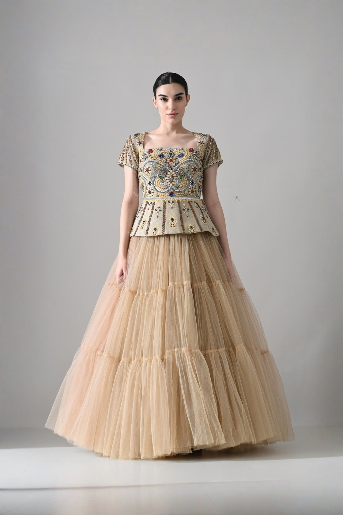 Beige Embroidered Pleated Peplum Top With Gathered Tulle Bottom