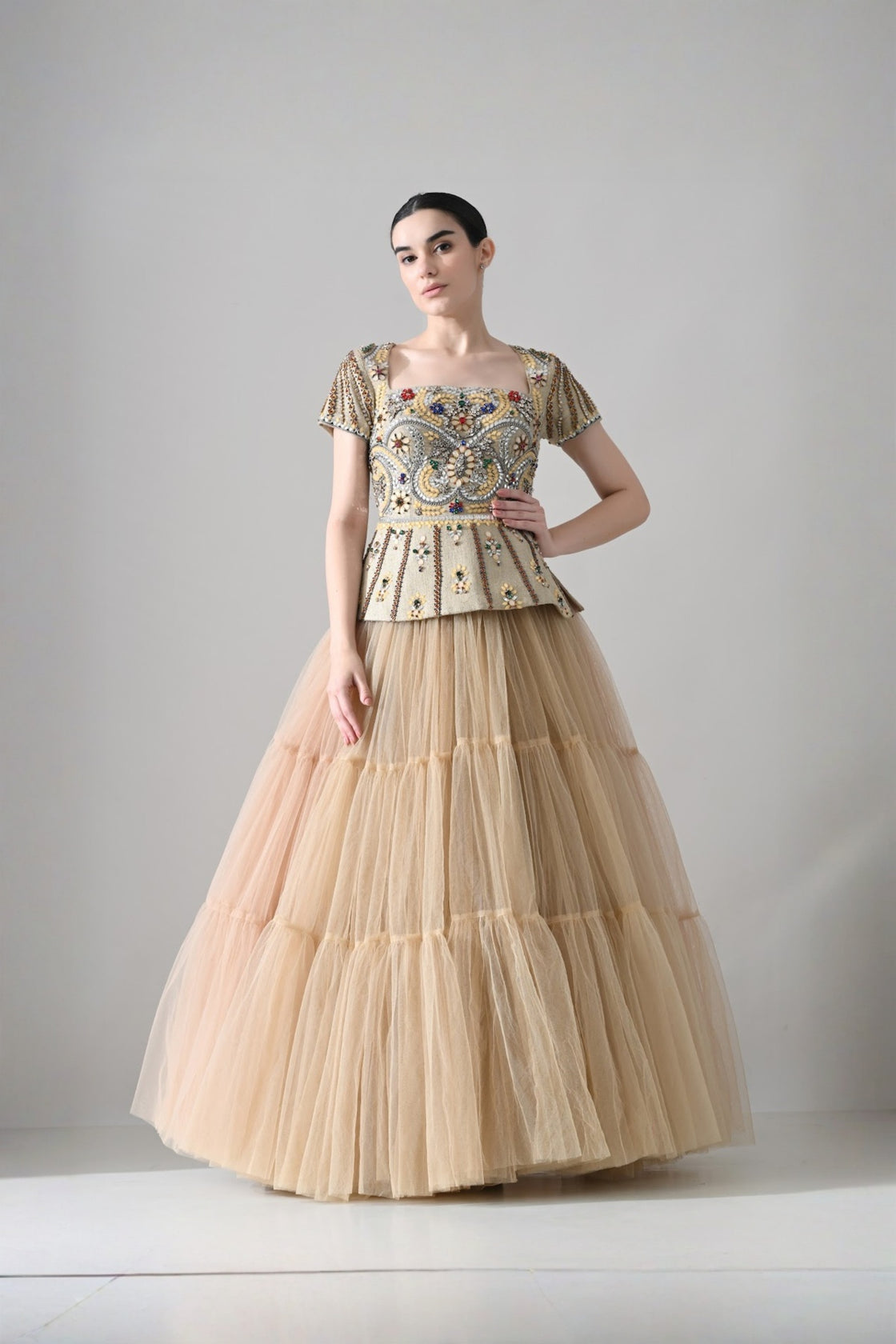 Beige Embroidered Pleated Peplum Top With Gathered Tulle Bottom