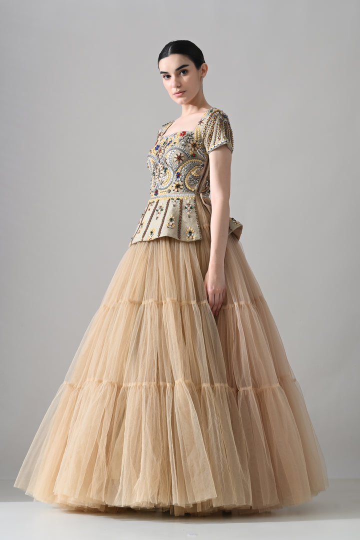 Beige Embroidered Pleated Peplum Top With Gathered Tulle Bottom