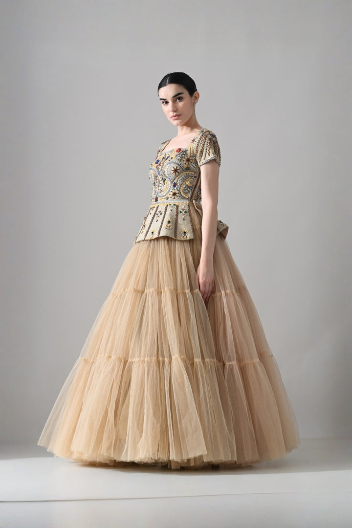 Beige Embroidered Pleated Peplum Top With Gathered Tulle Bottom