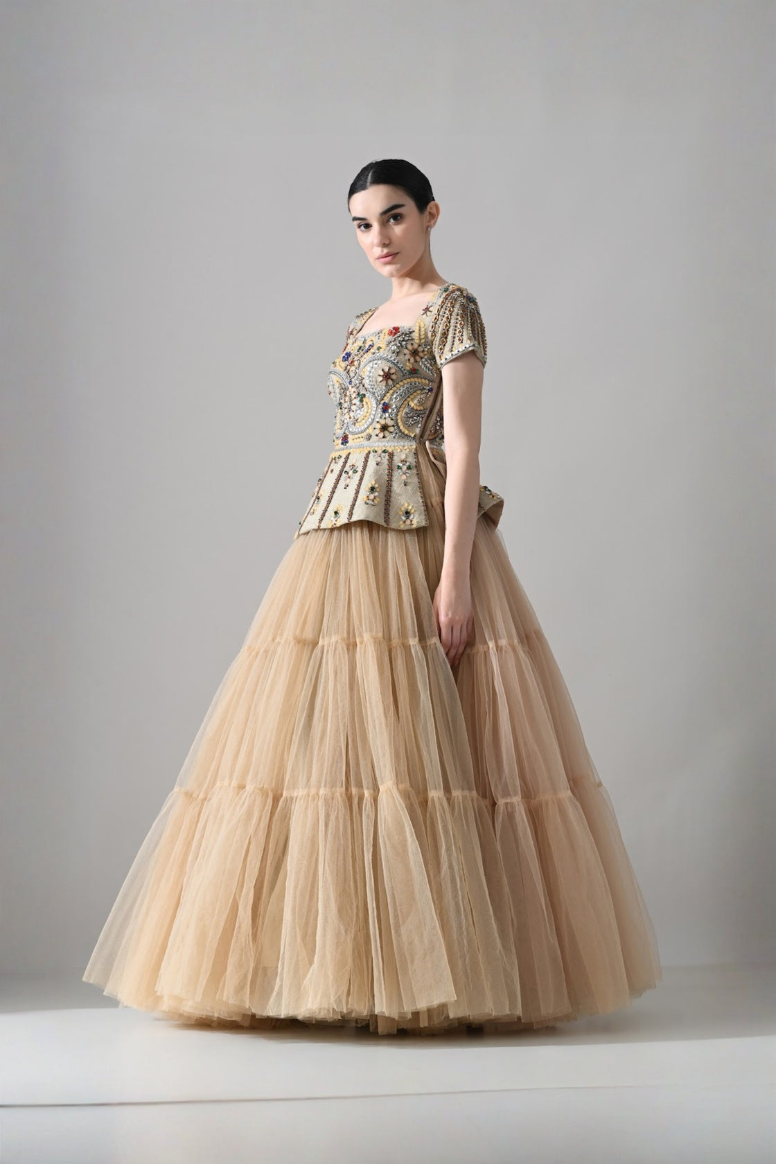 Beige Embroidered Pleated Peplum Top With Gathered Tulle Bottom