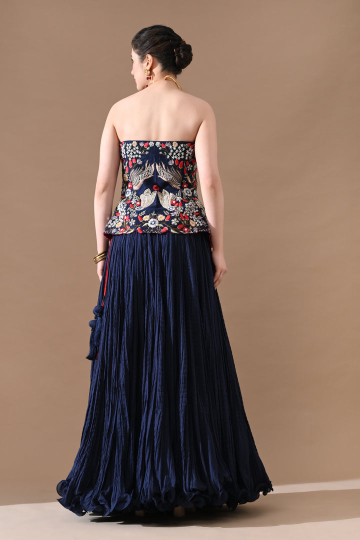 Midnight Blue Floral Embroidered Corset With Skirt