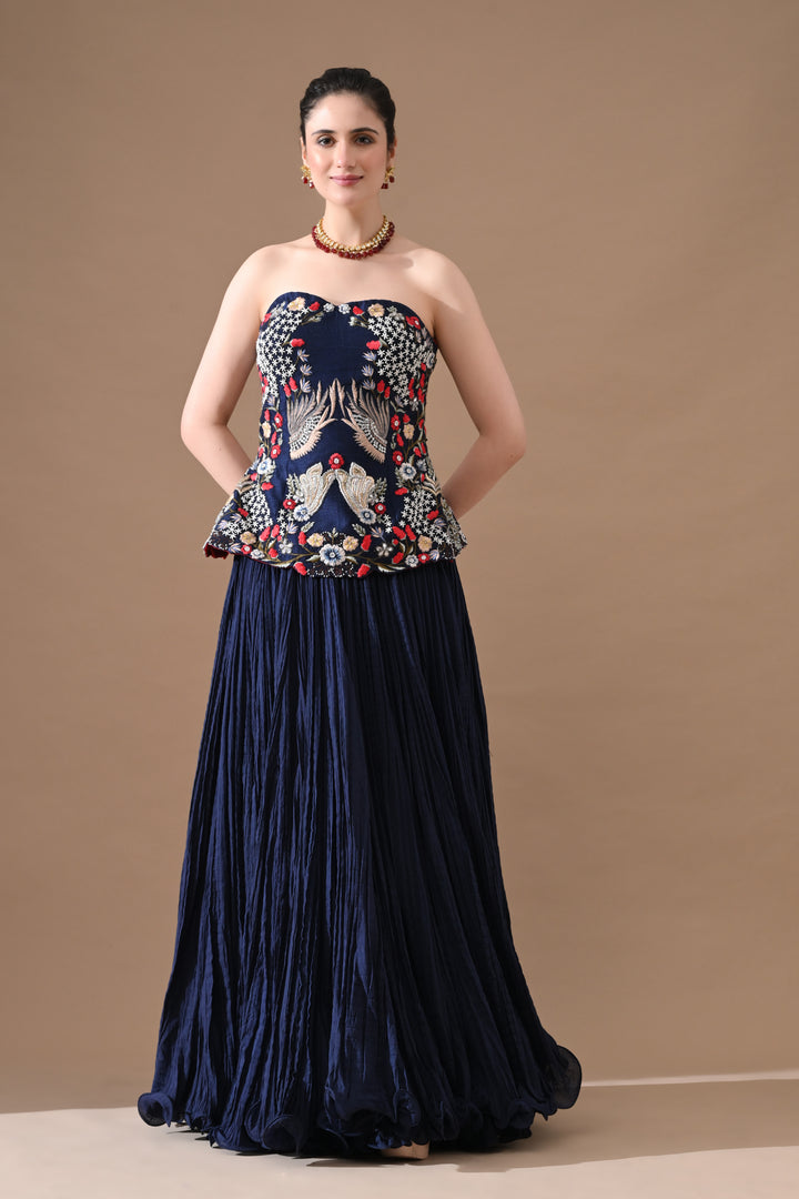 Midnight Blue Floral Embroidered Corset With Skirt