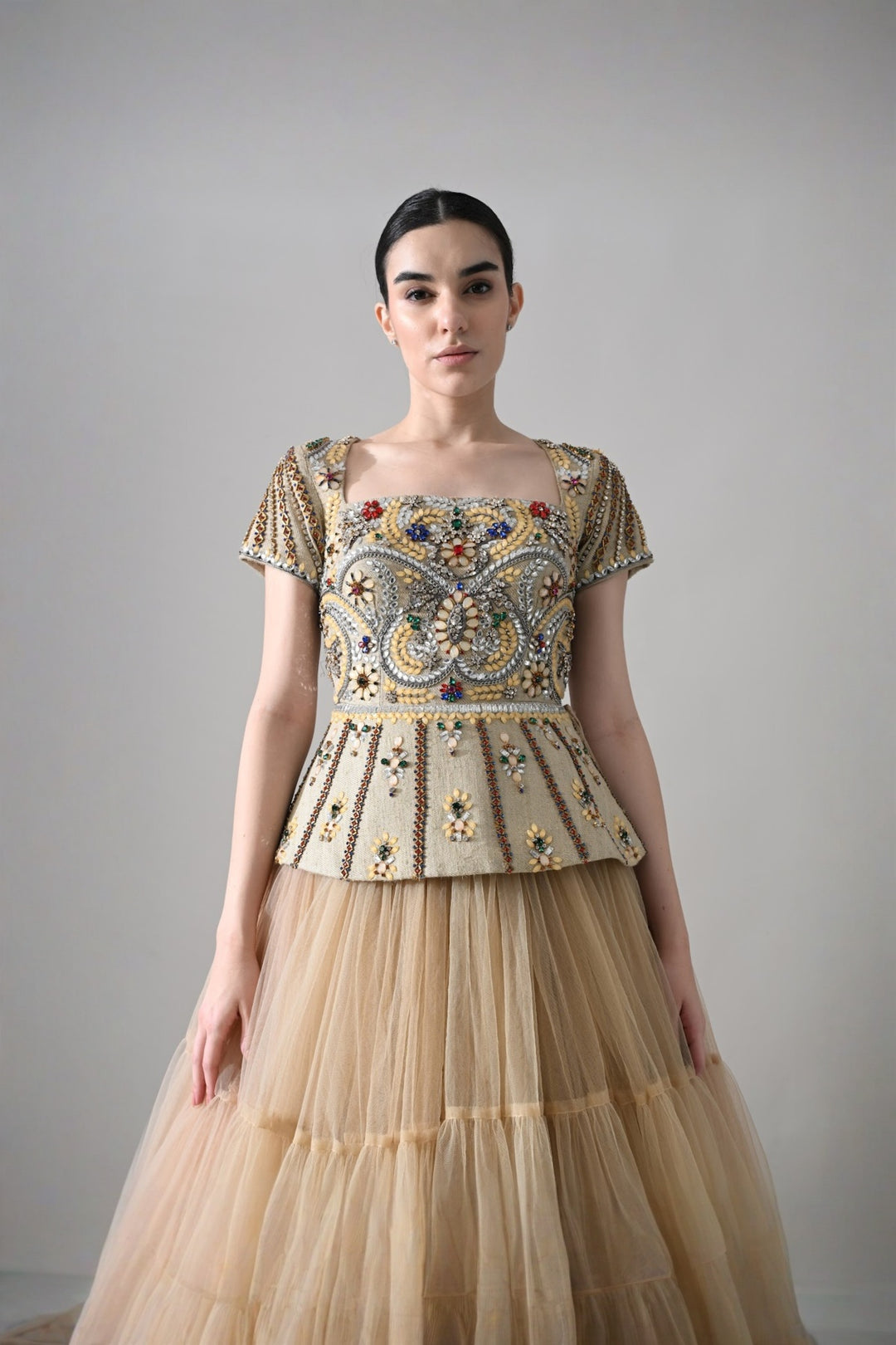 Beige Embroidered Pleated Peplum Top With Gathered Tulle Bottom