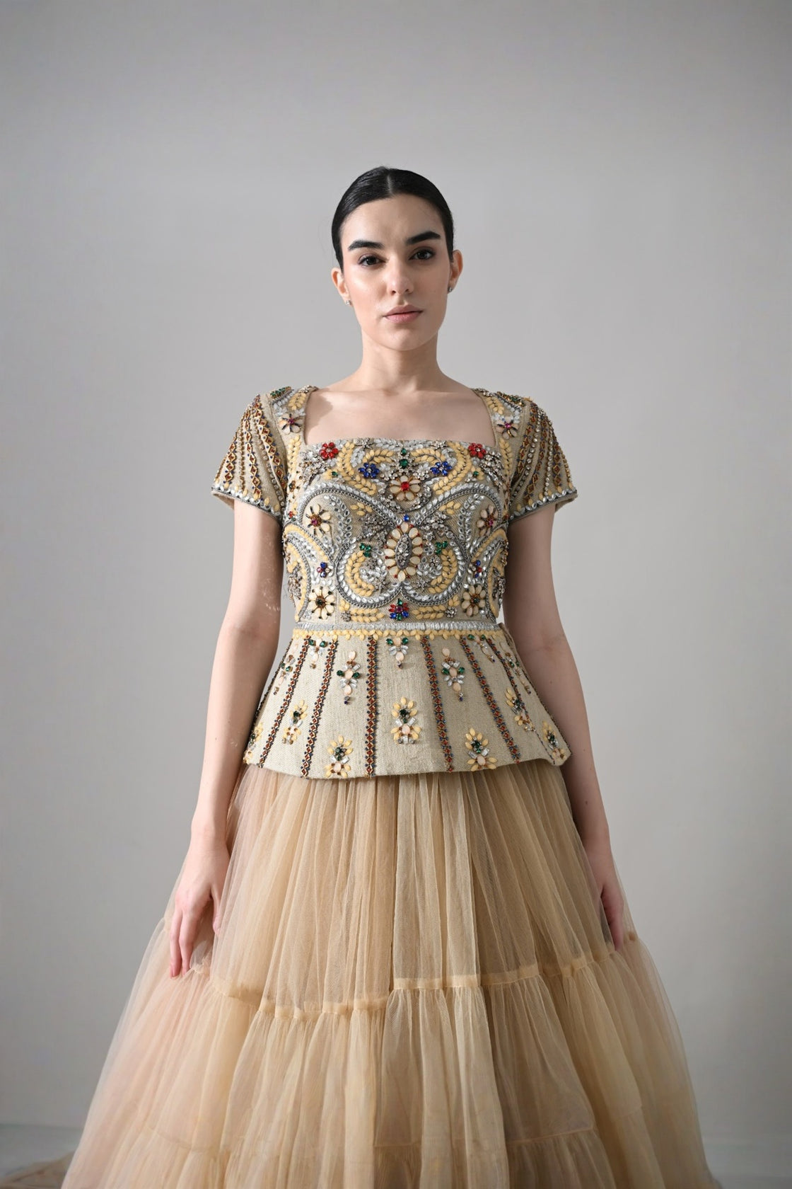 Beige Embroidered Pleated Peplum Top With Gathered Tulle Bottom