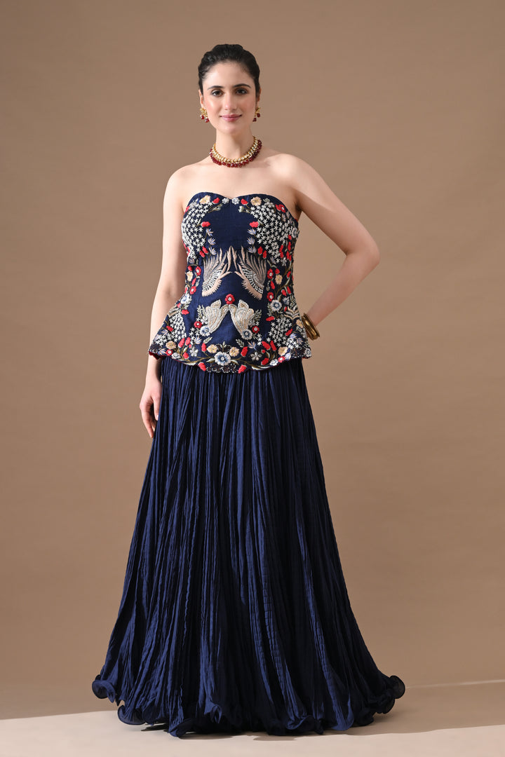 Midnight Blue Floral Embroidered Corset With Skirt
