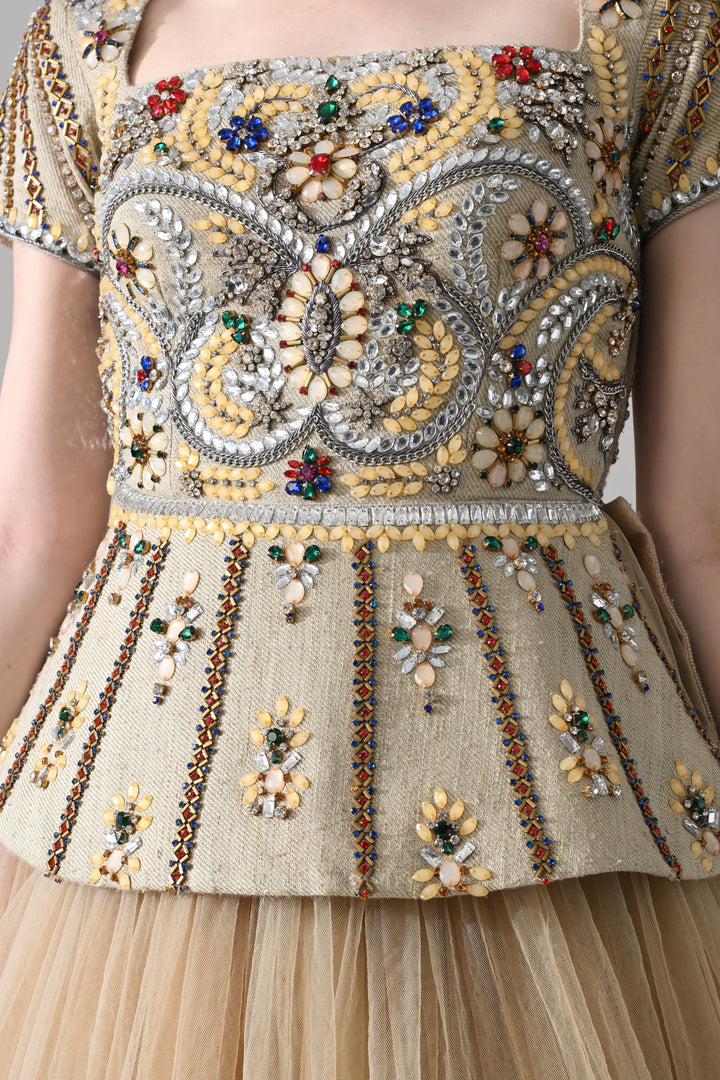 Beige Embroidered Pleated Peplum Top With Gathered Tulle Bottom