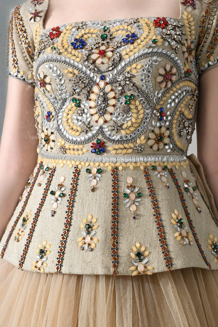 Beige Embroidered Pleated Peplum Top With Gathered Tulle Bottom