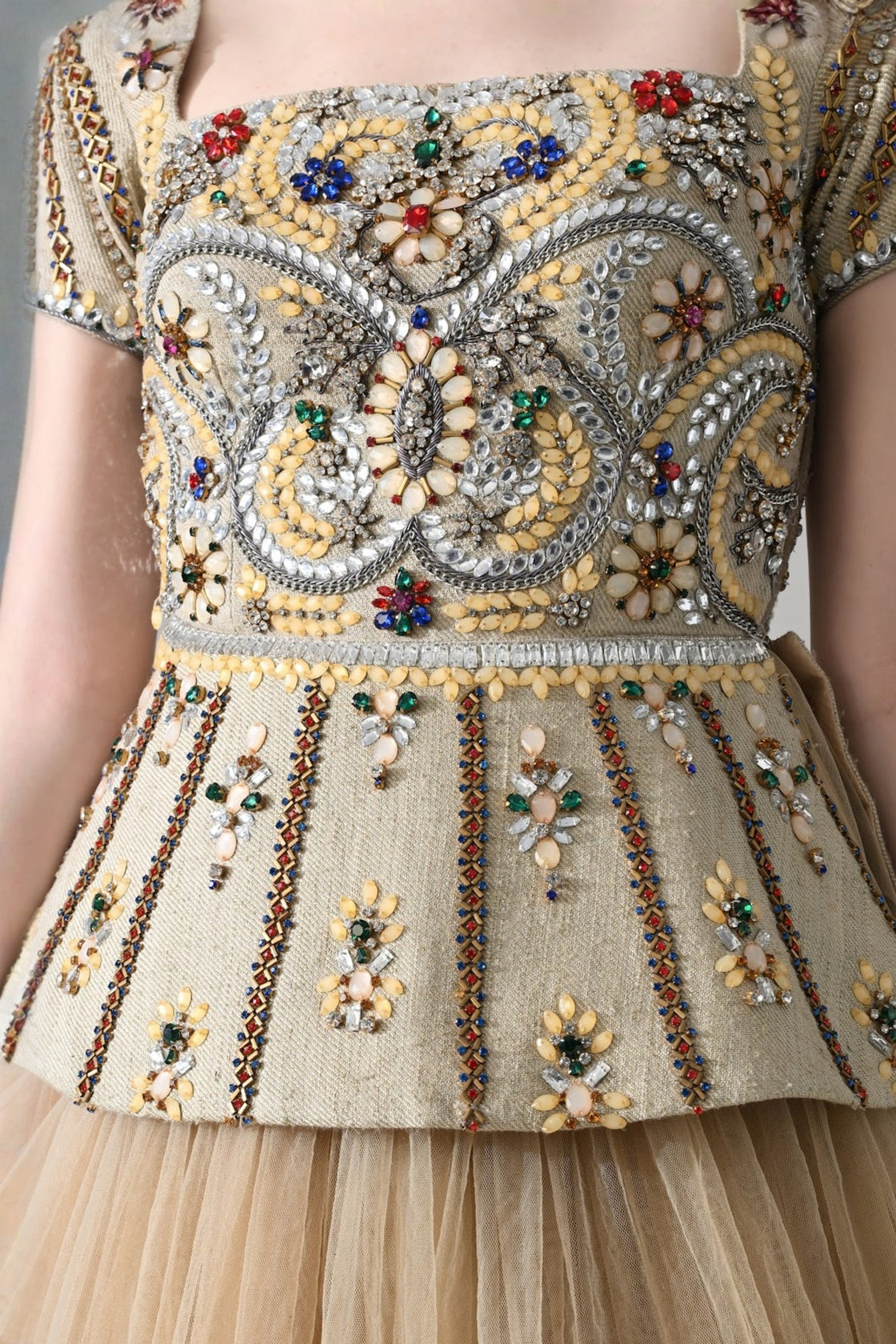 Beige Embroidered Pleated Peplum Top With Gathered Tulle Bottom